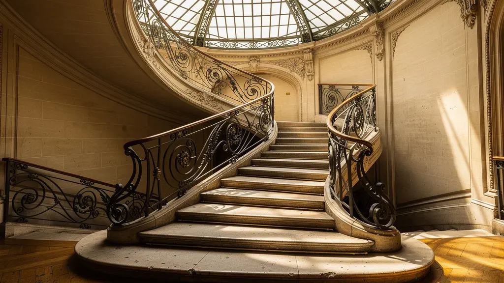 Escalier majestueux d'hôtel parisien centenaire avec rampe en fer forgé et verrière Art Nouveau