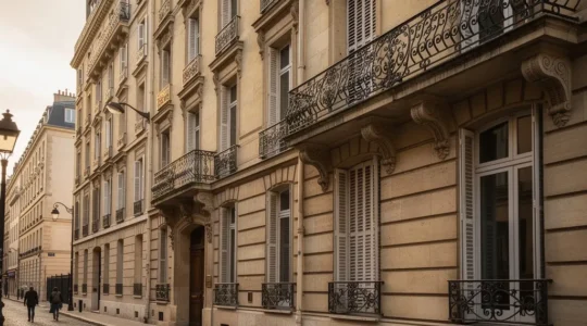 Façade d'immeuble haussmannien typique du 8ème arrondissement parisien avec balcons en fer forgé