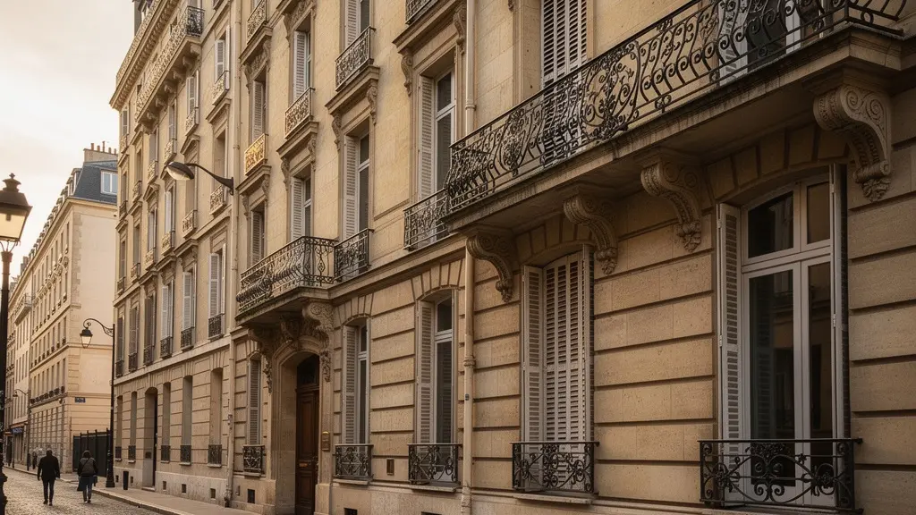 Façade d'immeuble haussmannien typique du 8ème arrondissement parisien avec balcons en fer forgé