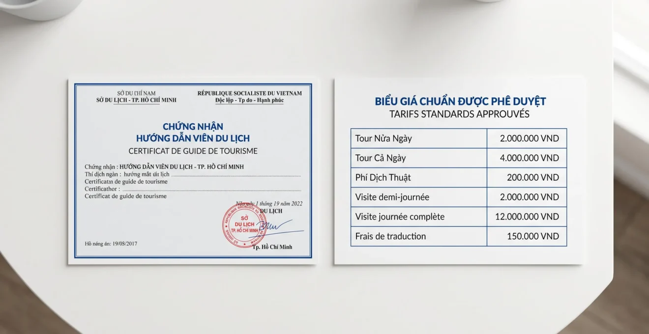 Documents officiels de certification de guide touristique vietnamien et grille tarifaire standardisée disposés sur un bureau, montrant les qualifications et coûts réglementaires