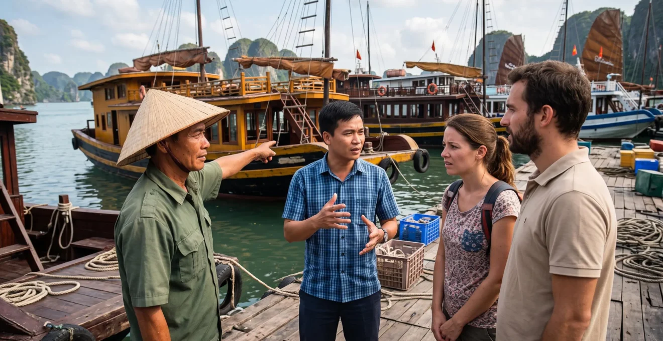 Guide francophone facilitant une négociation de location de bateau entre des touristes français et un propriétaire vietnamien sur les docks de la baie d'Halong, avec des jonques traditionnelles amarrées en arrière-plan
