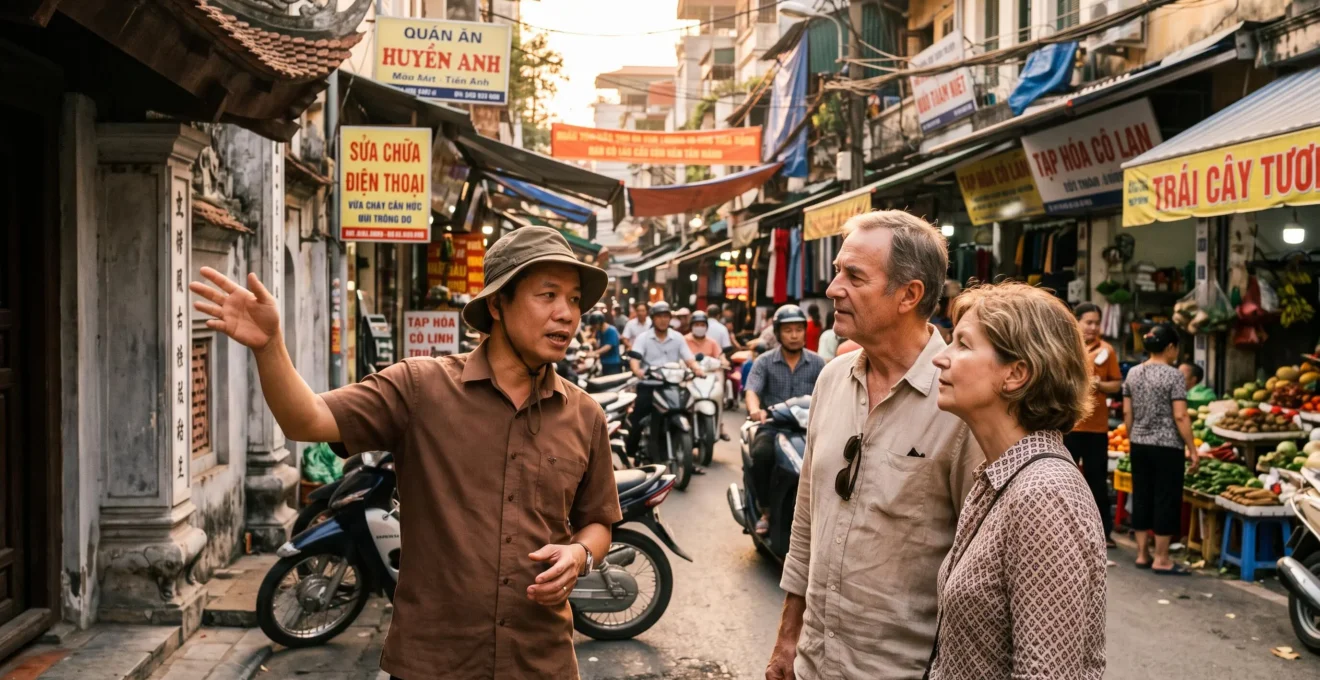 Guide vietnamien francophone expliquant l'architecture d'un temple à un couple de voyageurs français dans une rue animée de Hanoi, avec des stands de marché local en arrière-plan sous une lumière dorée de fin de journée