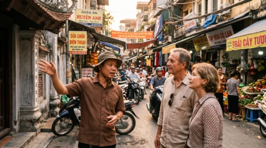 Guide vietnamien francophone expliquant l'architecture d'un temple à un couple de voyageurs français dans une rue animée de Hanoi, avec des stands de marché local en arrière-plan sous une lumière dorée de fin de journée