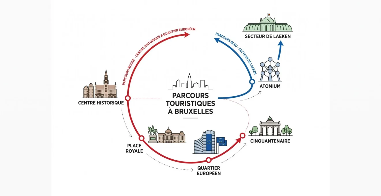 Schéma comparant la ligne rouge du centre de Bruxelles et la navette bleue vers l'Atomium